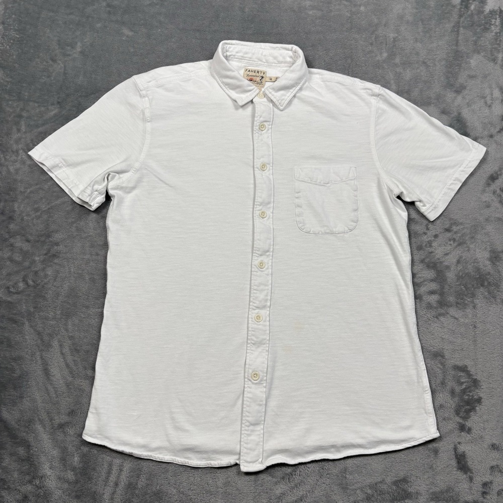 Faherty Shirt Mens Medium White Short Sleeve Sunwashed Knit Seasons Button Up